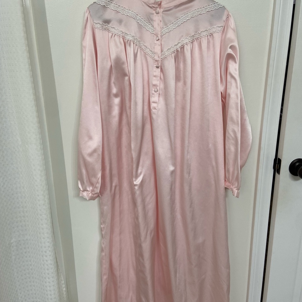 Classic Long Pink Satin Flannel Lined Nightgown with Lace Trim